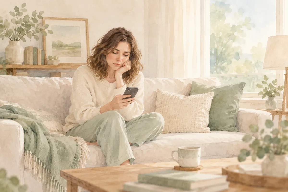 Aquarell: Eine Frau Anfang dreißig im cremefarbenen Pullover sitzt auf einem hellen Sofa, das Handy in der Hand. Sie schaut auf den Bildschirm, die Schultern leicht hochgezogen, wartend und ein wenig enttäuscht.