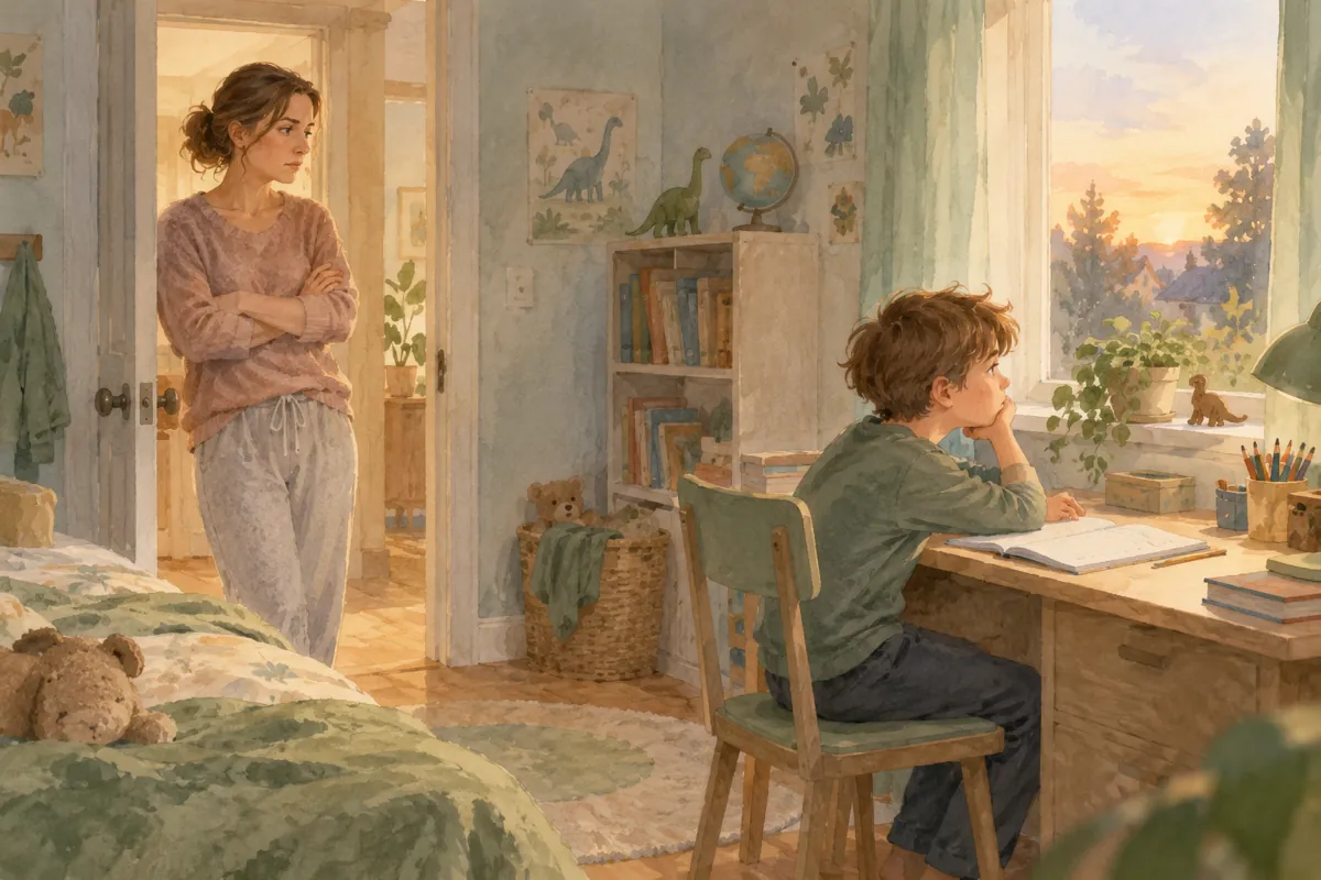 Aquarell: Eine Mutter Mitte dreißig steht mit verschränkten Armen in der Tür eines Kinderzimmers. Ihr Sohn, etwa neun Jahre alt, sitzt am Schreibtisch und schaut aus dem Fenster, das Heft liegt unberührt vor ihm. Abendlicht.
