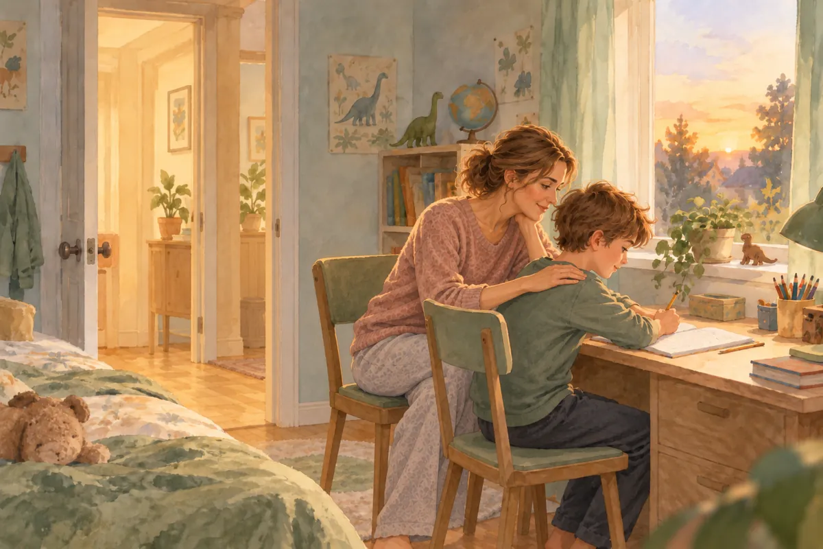 Aquarell: Die Mutter sitzt ruhig direkt neben ihrem Sohn am Schreibtisch. Ihr Gesicht ist entspannt und offen, warmes goldenes Licht füllt das Zimmer.