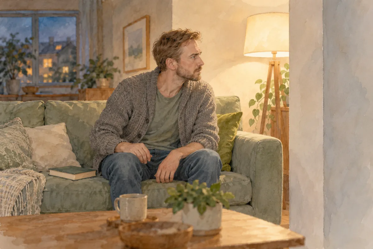 Aquarell: Ein Mann Ende dreißig mit kurzem Bart und grauem Strickcardigan sitzt abends auf dem Sofa im Licht einer Stehlampe. Er sitzt aufrecht, den Kopf zur Wand gedreht, die Stirn gerunzelt, und horcht auf Geräusche von nebenan. Ein Buch liegt vergessen neben ihm.