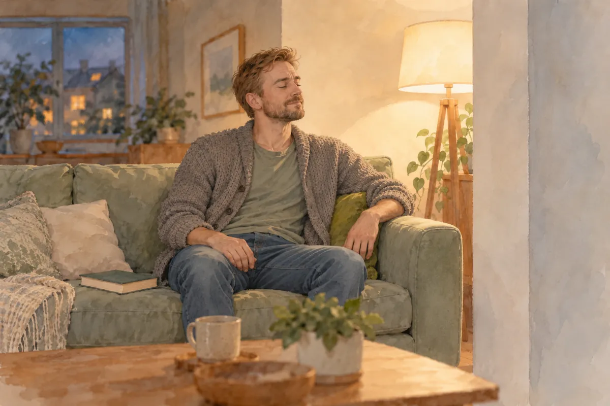 Aquarell: Derselbe Mann auf demselben Sofa. Sein Blick ist weich geworden, der Kopf nicht mehr zur Wand gedreht, seine Haltung lockert sich.
