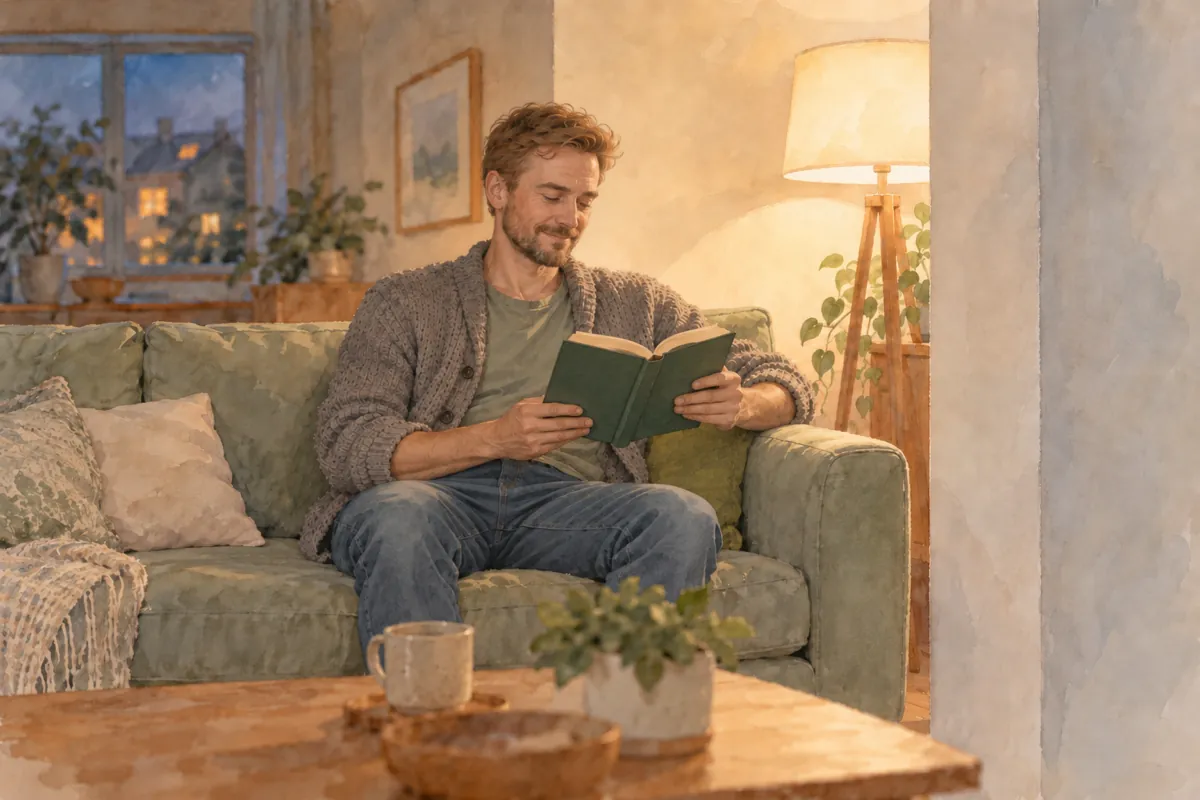 Aquarell: Derselbe Mann sitzt bequem auf dem Sofa im warmen Lampenlicht und liest ein Buch, mit einem leisen, zufriedenen Lächeln.